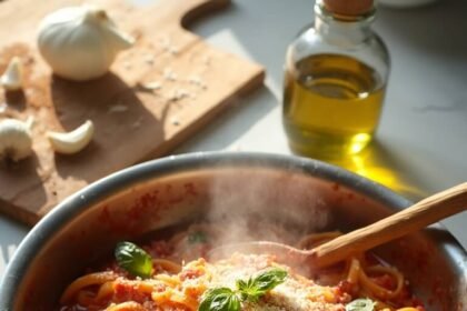 "Overhead shot of fettuccine pasta in tomato sauce with basil and Parmesan in a skillet, on a white marble countertop with diced onions, garlic, and canned tomatoes in a kitchen setting"