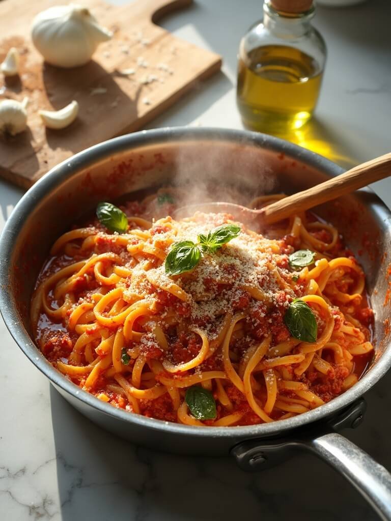 "Overhead shot of fettuccine pasta in tomato sauce with basil and Parmesan in a skillet, on a white marble countertop with diced onions, garlic, and canned tomatoes in a kitchen setting"
