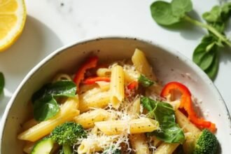 "One-pot pasta primavera with spring vegetables and Parmesan cheese in a white bowl on a clean marble background"