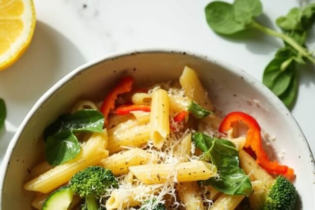 "One-pot pasta primavera with spring vegetables and Parmesan cheese in a white bowl on a clean marble background"