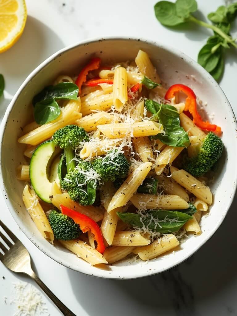 "One-pot pasta primavera with spring vegetables and Parmesan cheese in a white bowl on a clean marble background"