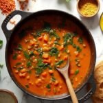 "Overhead shot of a pot of lentil curry with spinach, carrots, and tomatoes on a clean white countertop, surrounded by raw ingredients and spices."