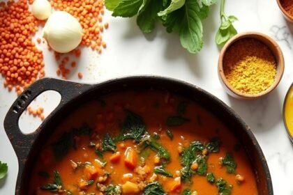 "Overhead shot of a pot of lentil curry with spinach, carrots, and tomatoes on a clean white countertop, surrounded by raw ingredients and spices."