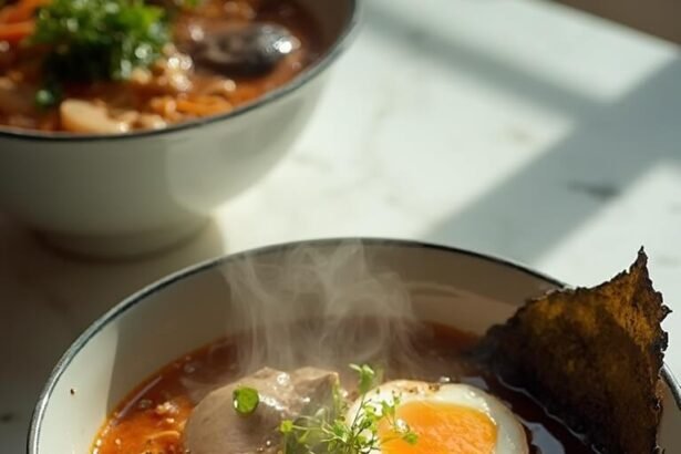"Gourmet ramen with soft-boiled eggs, vegetables, and miso broth on a white marble surface under natural lighting"