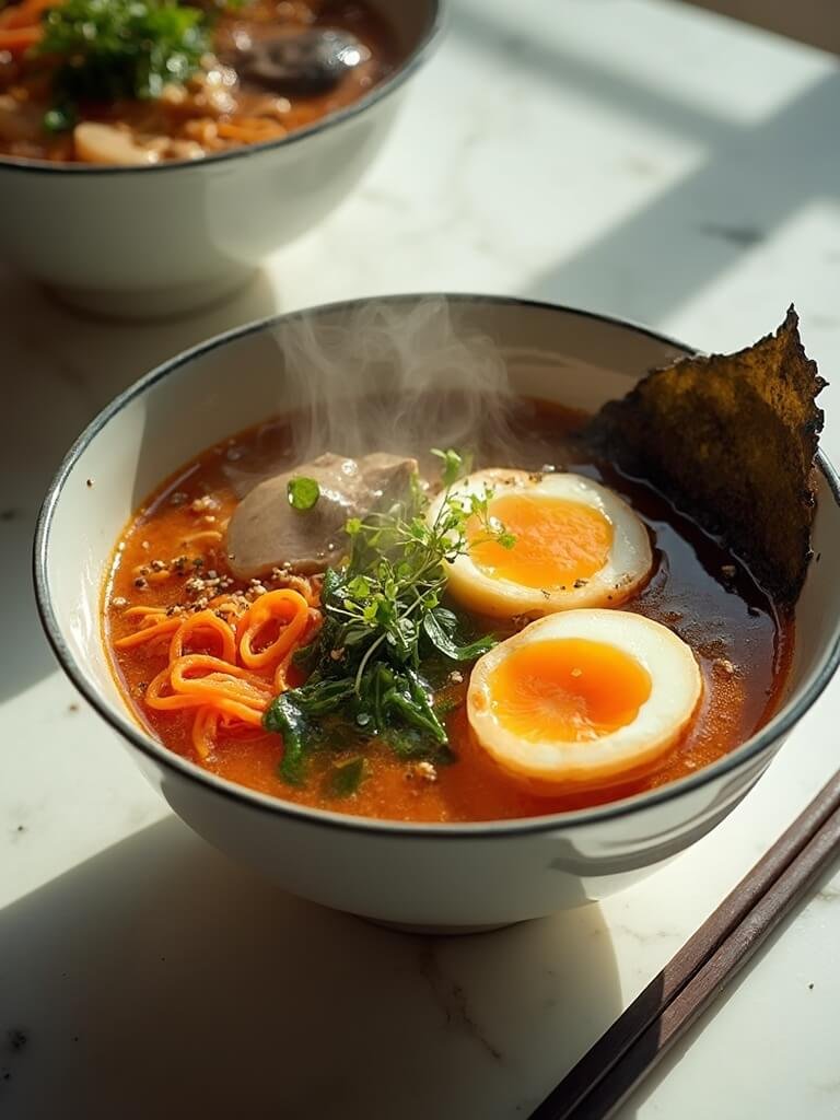 "Gourmet ramen with soft-boiled eggs, vegetables, and miso broth on a white marble surface under natural lighting"