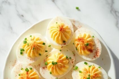 "Overhead shot of twelve deviled eggs with paprika and chives on a clean marble background"
