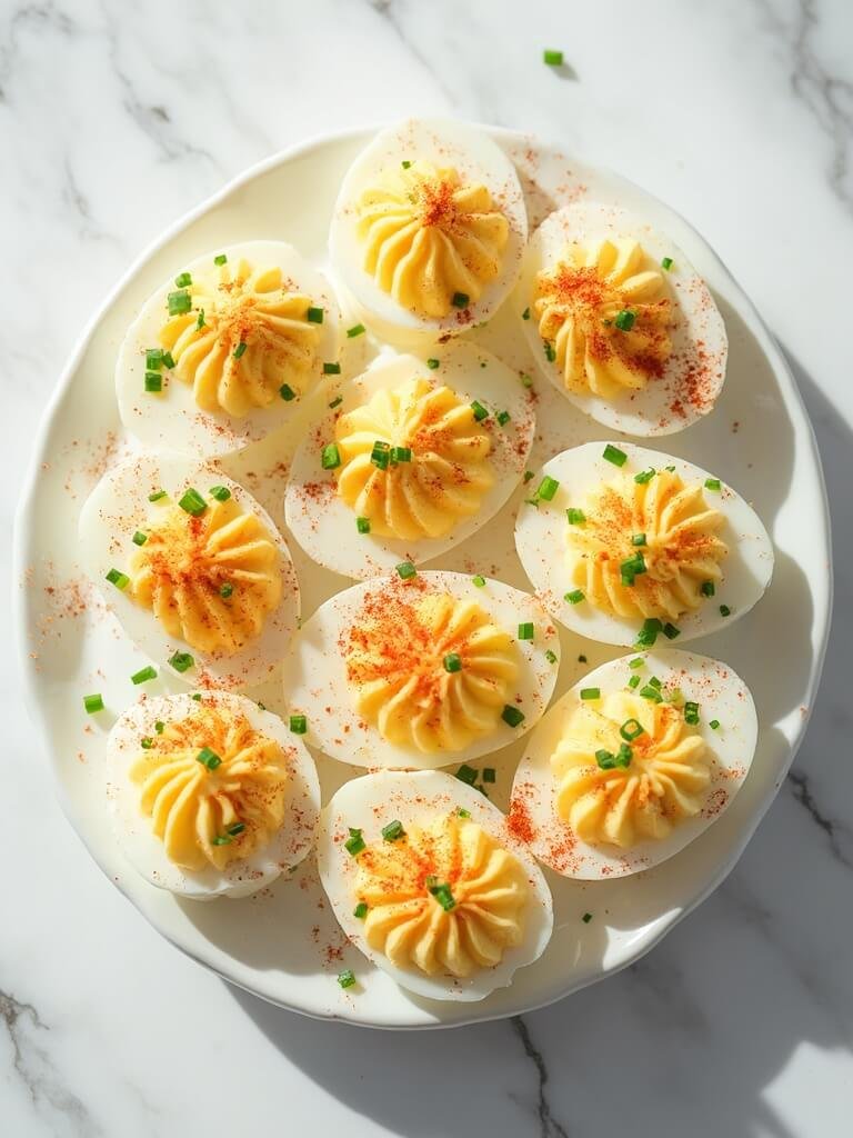 "Overhead shot of twelve deviled eggs with paprika and chives on a clean marble background"