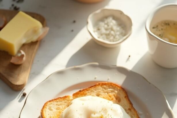 "Poached egg with runny yolk on buttered toast on a white plate, surrounded by cooking ingredients in warm morning sunlight"