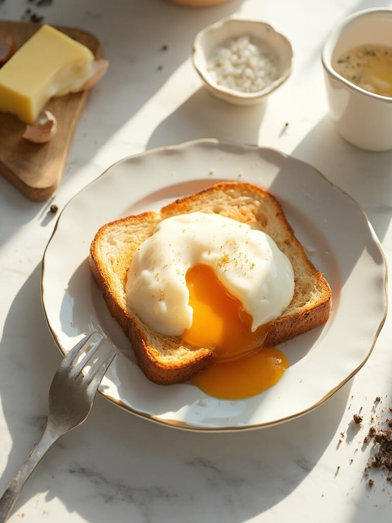 "Poached egg with runny yolk on buttered toast on a white plate, surrounded by cooking ingredients in warm morning sunlight"