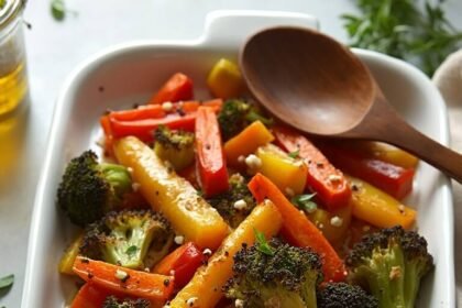 "Overhead shot of roasted mixed vegetables with caramelized edges on a white platter"