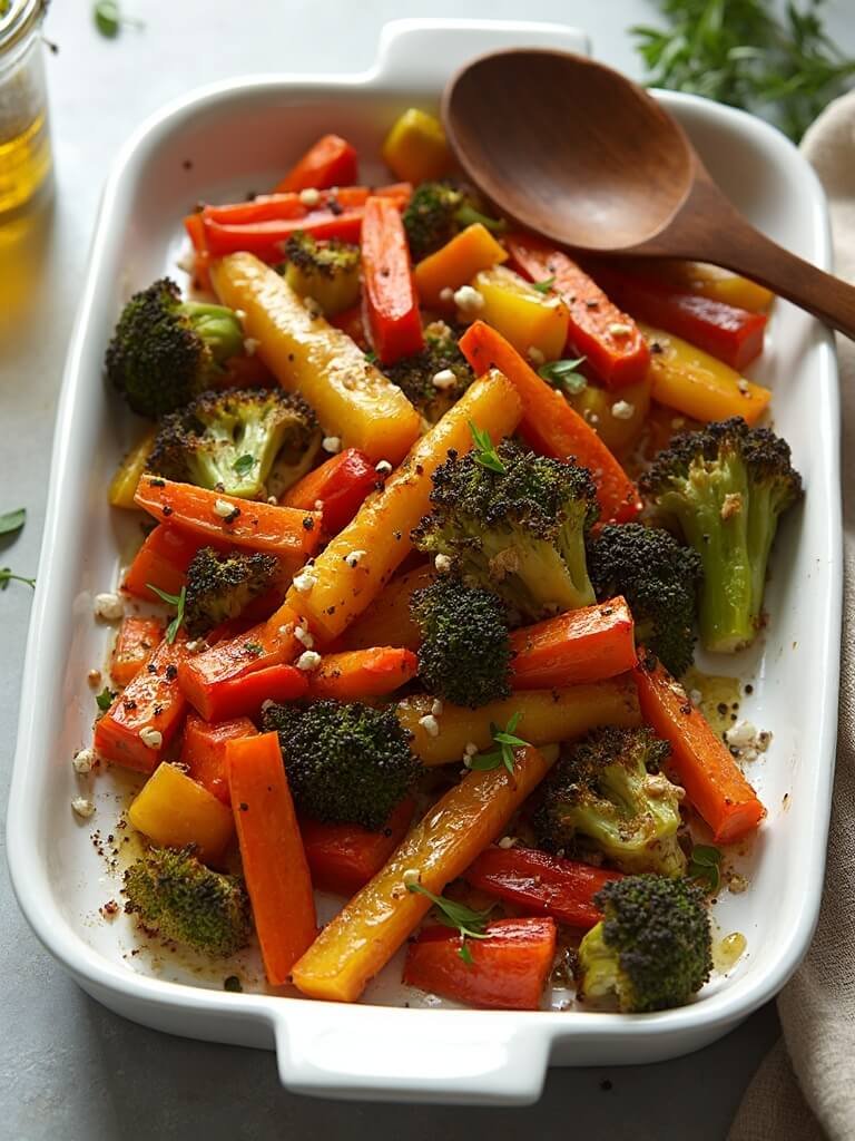 "Overhead shot of roasted mixed vegetables with caramelized edges on a white platter"