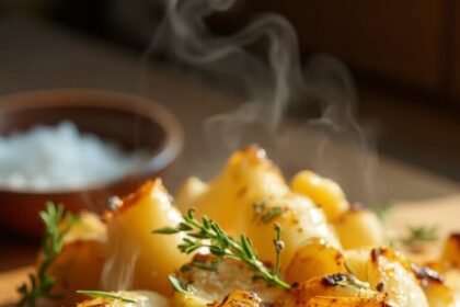 "Roasted parsnips and turnips with caramelized edges on a rustic wooden board, garnished with garlic, thyme, and drizzled with a glossy maple syrup glaze."