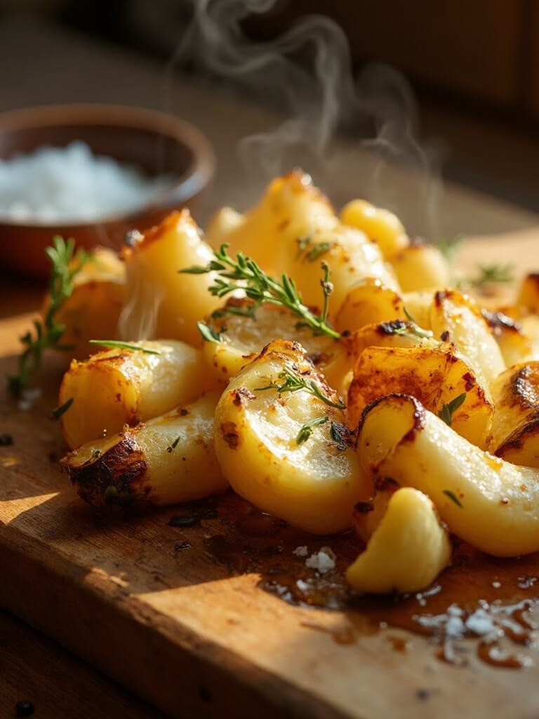 "Roasted parsnips and turnips with caramelized edges on a rustic wooden board, garnished with garlic, thyme, and drizzled with a glossy maple syrup glaze."