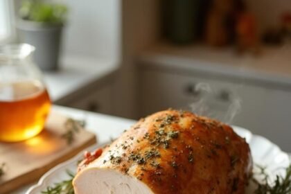 "Golden roasted turkey breast adorned with rosemary and thyme on a white platter, with a glass pitcher of pan drippings and carving knife on a wooden board in a warmly lit kitchen"