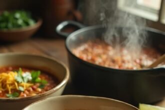 "Rustic chicken chili with beans in cream bowls garnished with cilantro, sour cream, cheese, and lime wedges, under warm natural lighting"