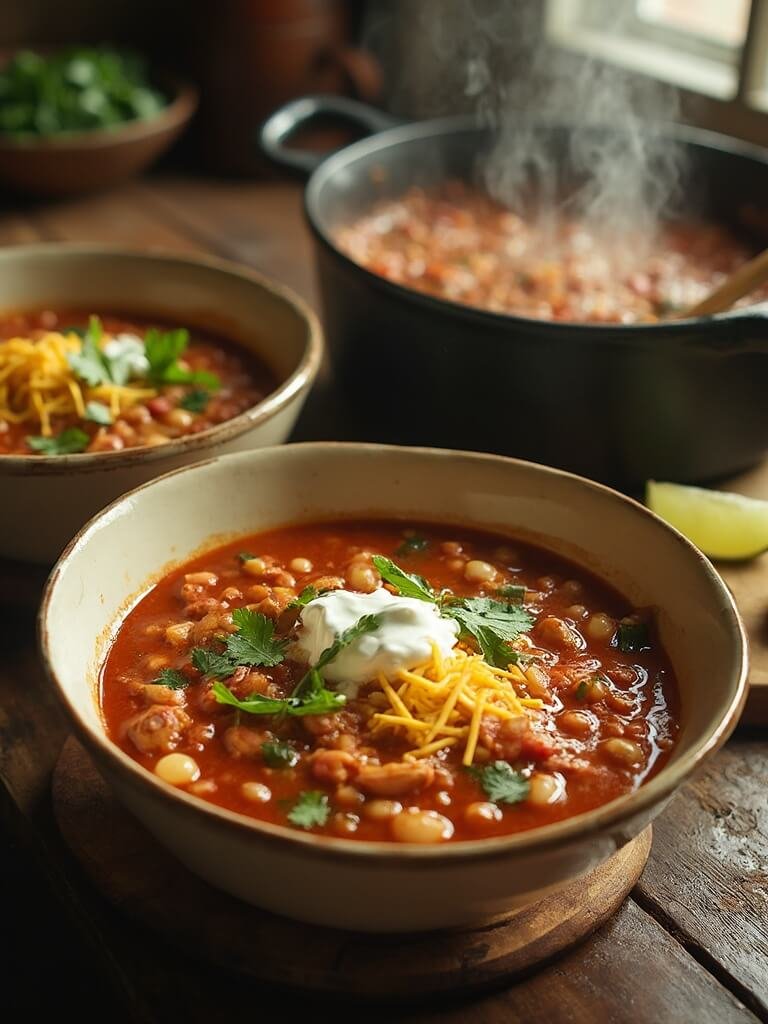 "Rustic chicken chili with beans in cream bowls garnished with cilantro, sour cream, cheese, and lime wedges, under warm natural lighting"