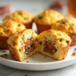 "Golden-brown sausage hash egg muffins on a white plate with steam rising, surrounded by loose sausage slices and frozen vegetables on a marble countertop"