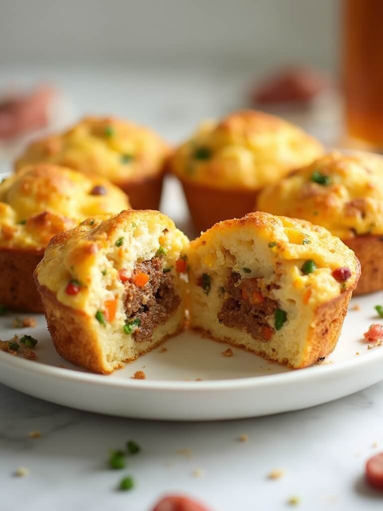 "Golden-brown sausage hash egg muffins on a white plate with steam rising, surrounded by loose sausage slices and frozen vegetables on a marble countertop"