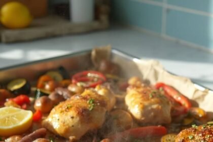"Sheet pan dinner with roasted chicken, baby potatoes and colorful vegetables garnished with cheese and parsley on white marble countertop"