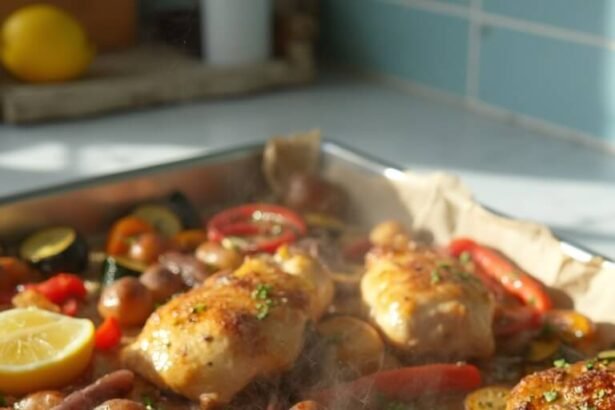 "Sheet pan dinner with roasted chicken, baby potatoes and colorful vegetables garnished with cheese and parsley on white marble countertop"