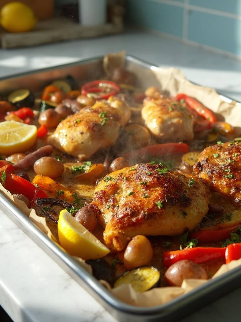 "Sheet pan dinner with roasted chicken, baby potatoes and colorful vegetables garnished with cheese and parsley on white marble countertop"
