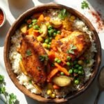 "Overhead shot of golden roasted chicken with mixed vegetables and fluffy white rice in a bowl, garnished with fresh parsley and framed by lemon and spices on a clean white background"