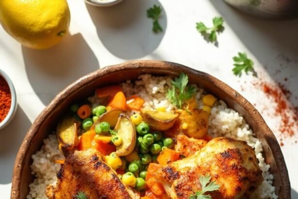 "Overhead shot of golden roasted chicken with mixed vegetables and fluffy white rice in a bowl, garnished with fresh parsley and framed by lemon and spices on a clean white background"