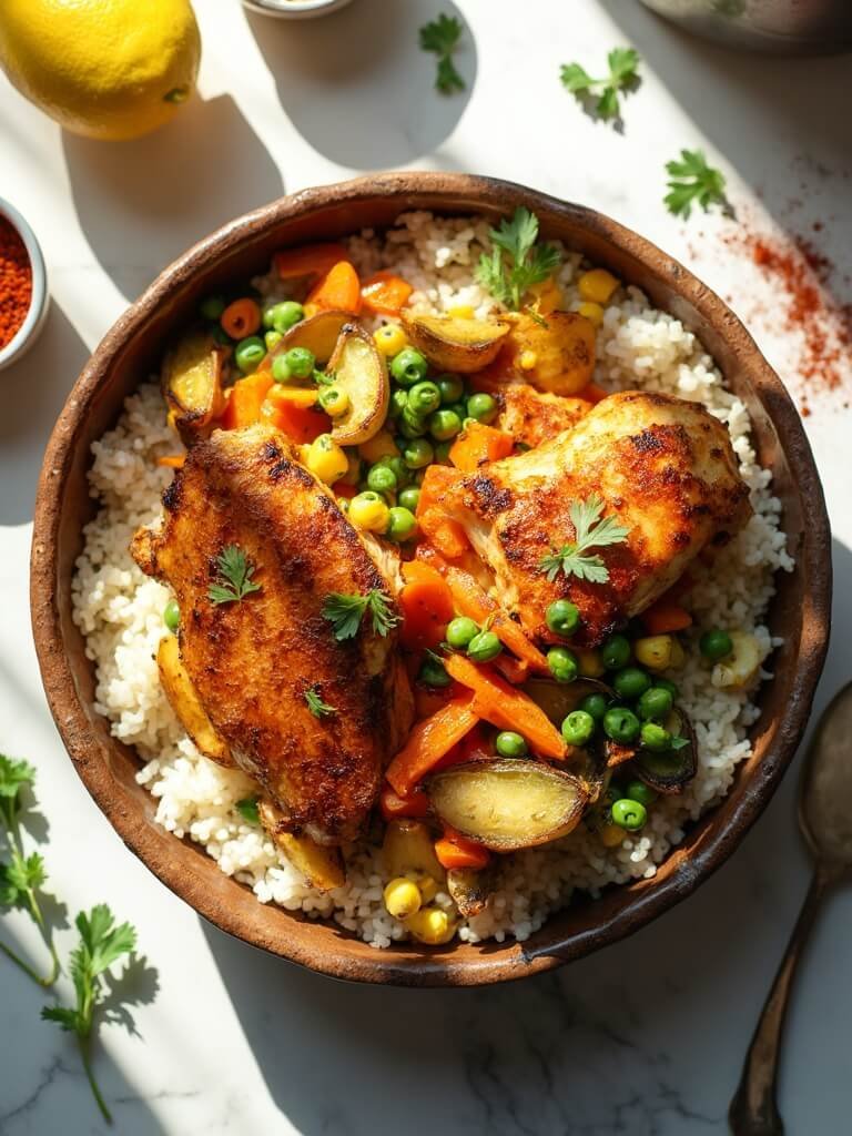 "Overhead shot of golden roasted chicken with mixed vegetables and fluffy white rice in a bowl, garnished with fresh parsley and framed by lemon and spices on a clean white background"