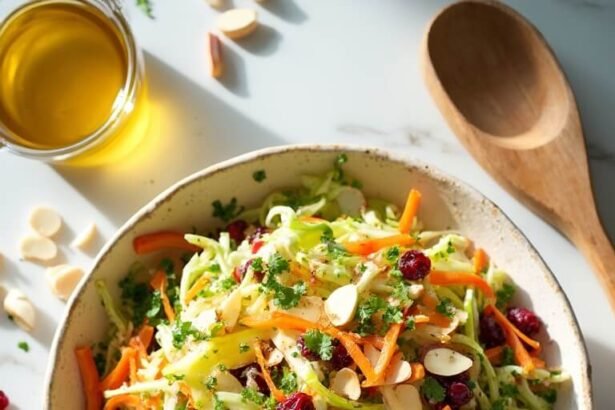 "Overhead view of crunchy shredded cabbage salad with carrots, red bell pepper, and fresh herbs in a cream-colored bowl on a white marble countertop"