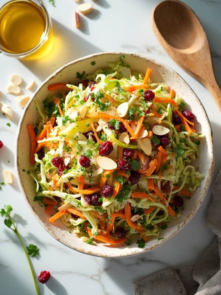 "Overhead view of crunchy shredded cabbage salad with carrots, red bell pepper, and fresh herbs in a cream-colored bowl on a white marble countertop"