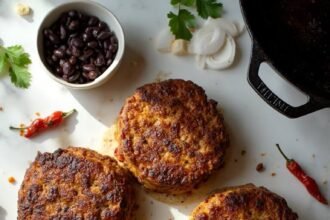 "Overhead view of smoky chipotle black bean burgers with golden crust, alongside ingredients such as black beans, diced onions, chipotle peppers, panko breadcrumbs, and cumin powder on a clean white marble background"
