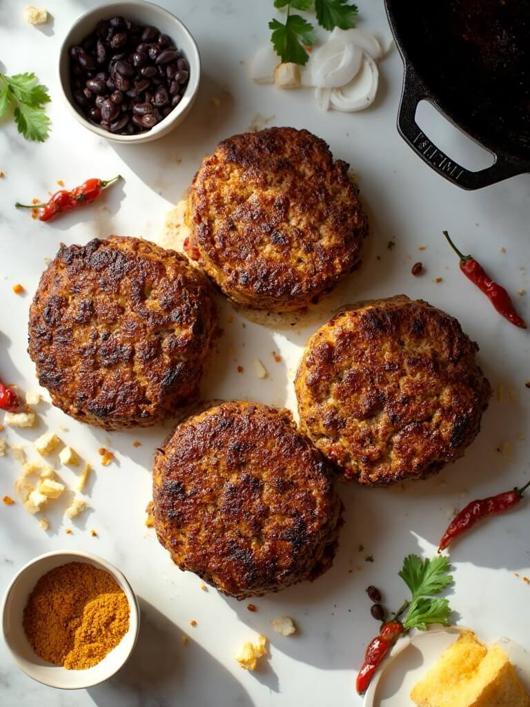 "Overhead view of smoky chipotle black bean burgers with golden crust, alongside ingredients such as black beans, diced onions, chipotle peppers, panko breadcrumbs, and cumin powder on a clean white marble background"