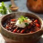 "Close-up of spicy black bean chili with ground meat, jalapeños, tomatoes garnished with sour cream and cilantro, served in a rustic bowl on a white marble table"
