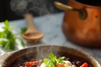 "Close-up of spicy black bean chili with ground meat, jalapeños, tomatoes garnished with sour cream and cilantro, served in a rustic bowl on a white marble table"