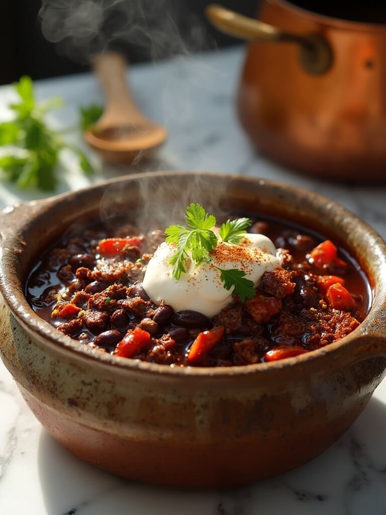 "Close-up of spicy black bean chili with ground meat, jalapeños, tomatoes garnished with sour cream and cilantro, served in a rustic bowl on a white marble table"