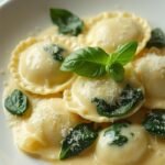 "Plated spinach and cheese ravioli in creamy sauce garnished with basil and Parmesan, served in a white ceramic bowl on a clean background."