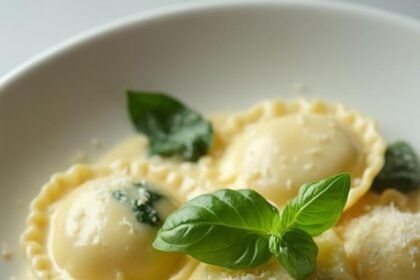 "Plated spinach and cheese ravioli in creamy sauce garnished with basil and Parmesan, served in a white ceramic bowl on a clean background."