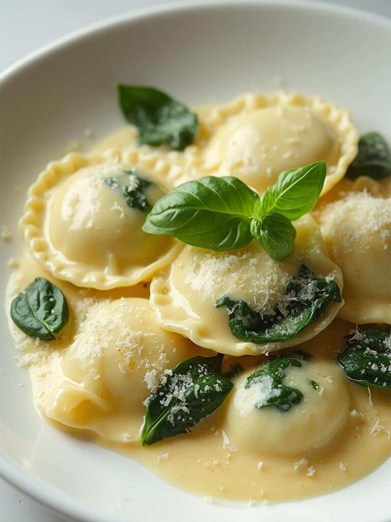 "Plated spinach and cheese ravioli in creamy sauce garnished with basil and Parmesan, served in a white ceramic bowl on a clean background."