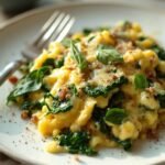 "Scrambled eggs with wilted spinach and melted cheese on a white plate, garnished with black pepper and fresh spinach leaves, in warm morning light."