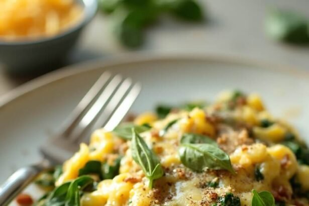 "Scrambled eggs with wilted spinach and melted cheese on a white plate, garnished with black pepper and fresh spinach leaves, in warm morning light."