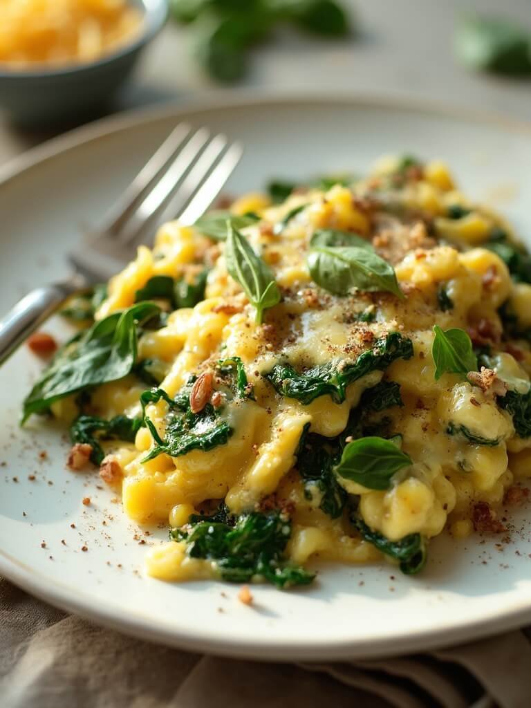 "Scrambled eggs with wilted spinach and melted cheese on a white plate, garnished with black pepper and fresh spinach leaves, in warm morning light."
