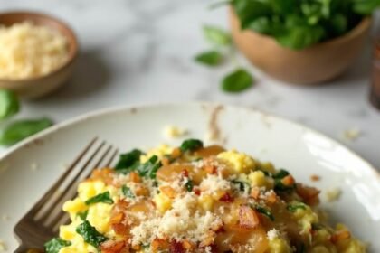 "Fluffy golden scrambled eggs mixed with wilted spinach and caramelized onions, topped with grated parmesan and red pepper flakes, served on a white ceramic plate against a clean white marble background."