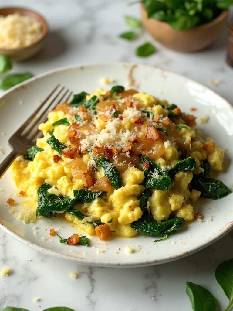 "Fluffy golden scrambled eggs mixed with wilted spinach and caramelized onions, topped with grated parmesan and red pepper flakes, served on a white ceramic plate against a clean white marble background."