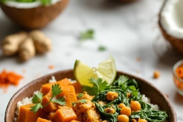 "Sweet potato curry with chickpeas, spinach, coconut milk and rice in a rustic ceramic bowl, garnished with cilantro on a white marble countertop."