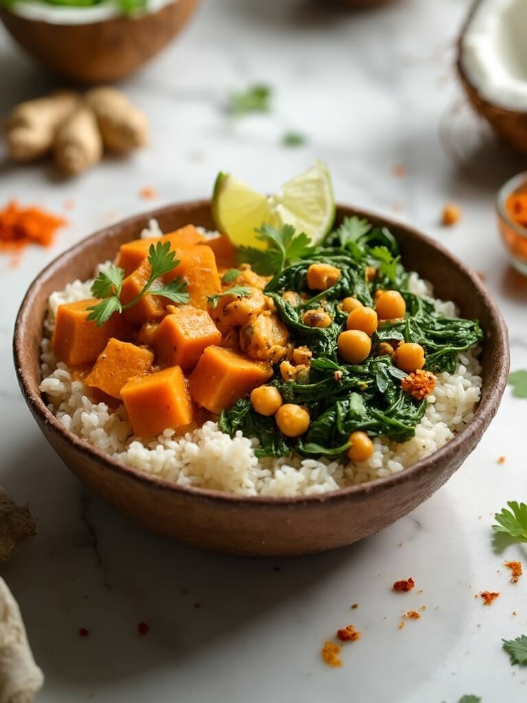 "Sweet potato curry with chickpeas, spinach, coconut milk and rice in a rustic ceramic bowl, garnished with cilantro on a white marble countertop."
