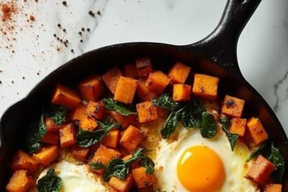 "Sweet potato hash with sunny-side-up eggs and wilted spinach in a cast iron skillet, served on a white marble background"