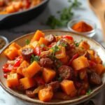 "Sweet potato and sausage hash with bell peppers in a rustic ceramic bowl, garnished with parsley and smoked paprika, on a marble surface with a cast iron skillet and spices in the background."