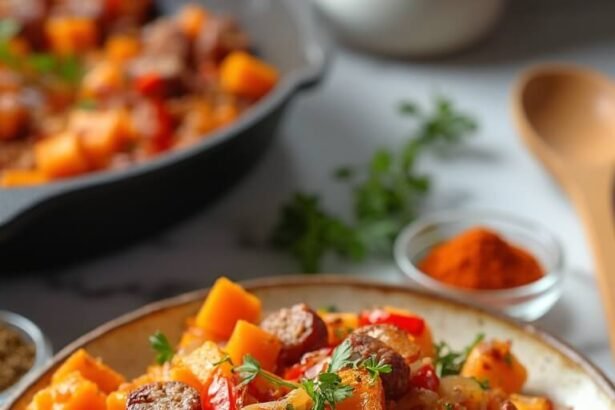 "Sweet potato and sausage hash with bell peppers in a rustic ceramic bowl, garnished with parsley and smoked paprika, on a marble surface with a cast iron skillet and spices in the background."