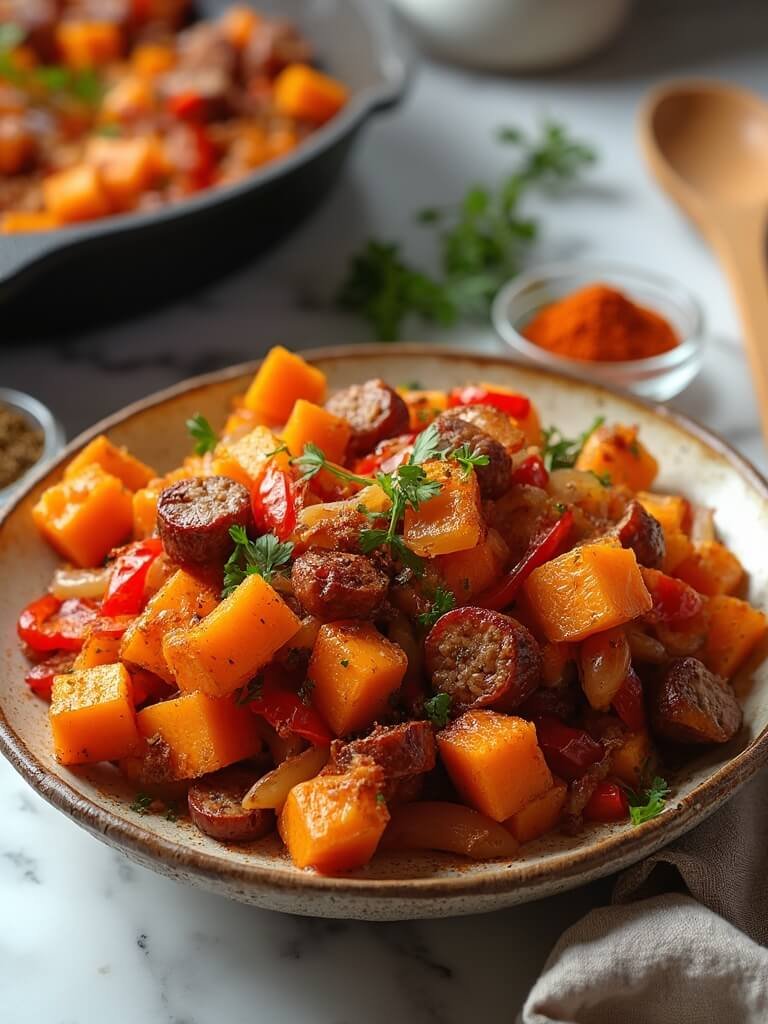 "Sweet potato and sausage hash with bell peppers in a rustic ceramic bowl, garnished with parsley and smoked paprika, on a marble surface with a cast iron skillet and spices in the background."
