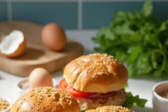 "Four delicious homemade turkey burgers on toasted brioche buns with lettuce, tomato and onion on a white ceramic plate in a modern kitchen"